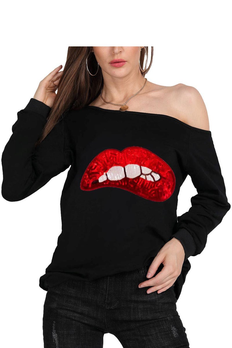 MAGICMK Womanâ€™s Sweatershirt Lips Print Causal Blouse Off The Shoulder Long Sleevecolor specifications/settings Loose Slouchy Pullover Plus Size Topsâ€¦(2XL) - Image 3